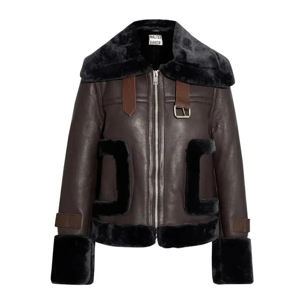 NEW, WALTER BAKER Lianna Faux Fur-Trimmed Leather Jacket - Chocolate L #C3808 - Picture 1 of 9